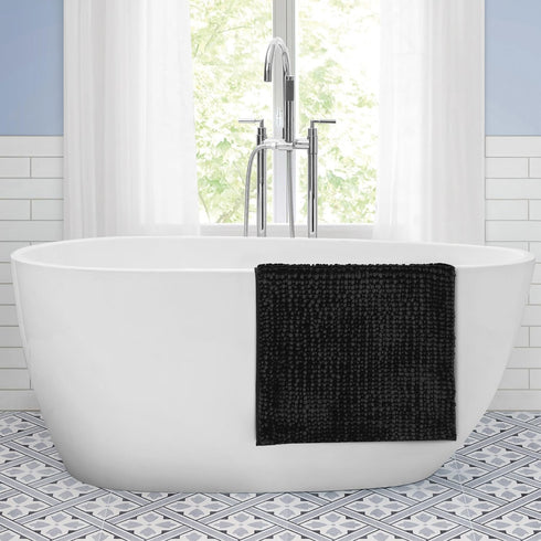 Laura Ashley Butter Chenille Bath Rug, Absorbent Shaggy Bathroom Mat, Non Slip Plush Carpet (20" x 34") Black