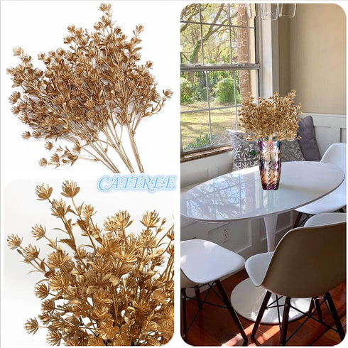 Christmas Artificial Flowers, Golden Baby Breath Gypsophila Plastic Plant Fake Plants for Wedding and Home Decoration