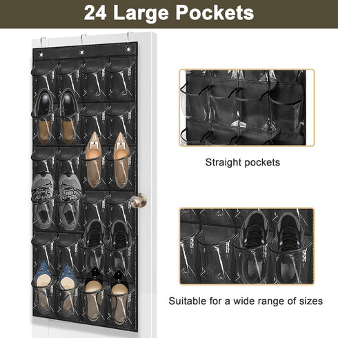 Over The Door Shoe Organizer - Space Saving Shoe Rack with 24 Pockets and Hook, Hanging Shoe Holder (Black)