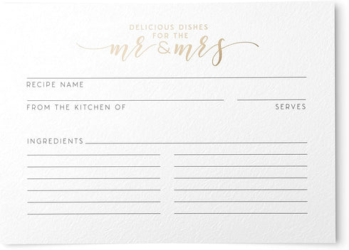50 Gold Foil Mr & Mrs Newlywed Recipe Cards, 4x6 inches, Double-Sided