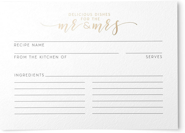 50 Gold Foil Mr & Mrs Newlywed Recipe Cards, 4x6 inches, Double-Sided