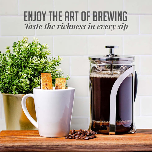OVENTE 2-in-1 Coffee Press and Tea Maker, High Grade Stainless Steel Infuser, Borosilicate Glass, 27 Ounce, Clear