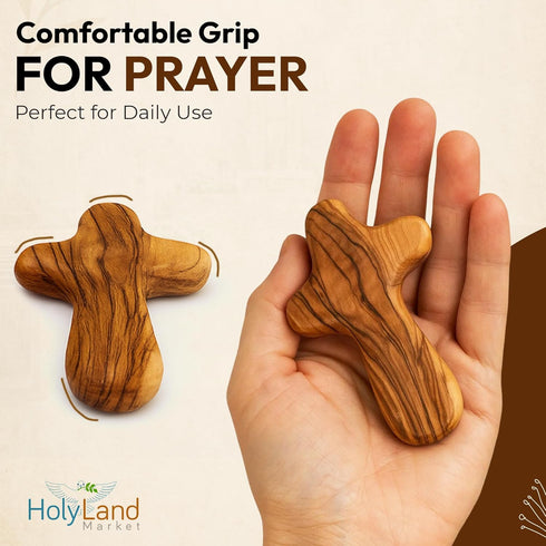 10 Olive Wood Holding Hand Crosses with Gift Bags in Red or Black Velvet