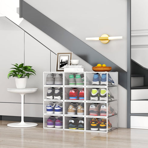 12 Pack Closet, Seseno Shoe Storage Bins, Clear Plastic Stackable Shoe Organizer for Space Saving Foldable Shoe Rack