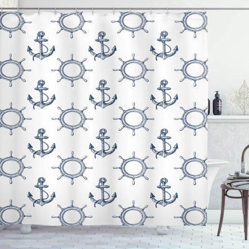 Ambesonne Ships Wheel Shower Curtain, Night Blue Anchors and Steering Wheels Pattern, Marine Themed Print, 69" W x