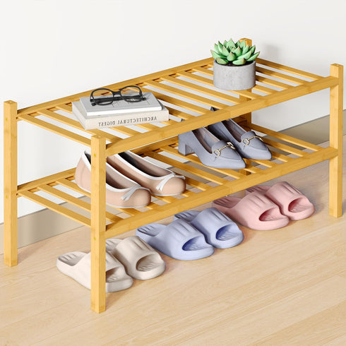 Smiry Bamboo Shoe Rack for Closet, 2 Tier Wooden Stackable Shoe Organizer,
