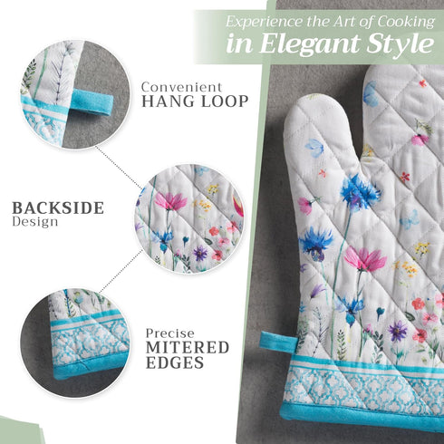 Maison d' Hermine 100% Cotton Oven Gloves - 7" x 13", Heat Resistant, BBQ Cooking Gloves, Flower in The Field