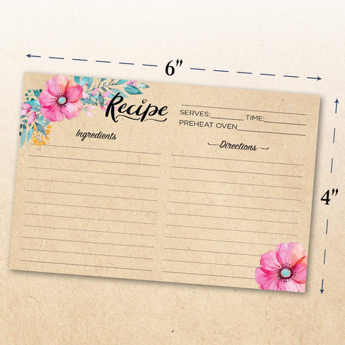 Set of 50 Double Sided Recipe Cards 4x6 Inch, Thick Cardstock with Lines, Large Writing Space (Floral Kraft Look)