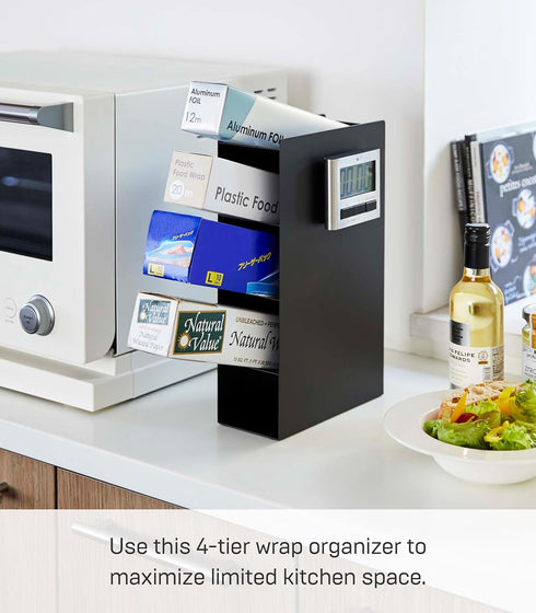 Yamazaki Home Tower 4-Tier Plastic Food Wrap or Aluminum Foil Organizer, Metal Kitchen Storage Holder