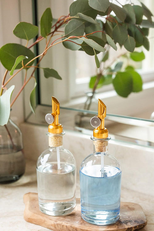 Rail19 Small Clear Glass Mouthwash Dispenser with Metal Pour Spout, 8oz, Perfect for Bathroom, Kitchen, and Tabletop
