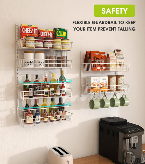 Over The Door Pantry Organizer, Wall Mount Spice Rack with 6 Adjustable Baskets for Home & Kitchen Storage (White)