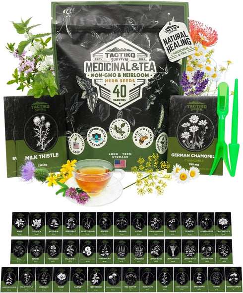 Tactiko Survival 40 Medicinal & Tea Herb Seeds Variety Pack, Indoor &