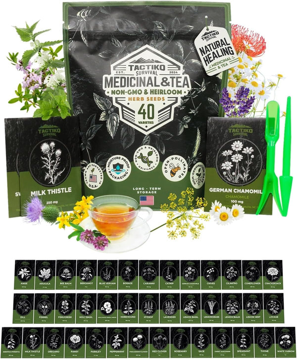 Tactiko Survival 40 Medicinal & Tea Herb Seeds Variety Pack, Indoor &