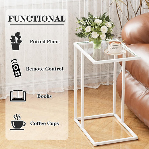 Easy Paws Small C Shaped Table for Sofa,Glass Couch Sofa Tray Snack Table for Living Room, Bedroom,TV Tray Table