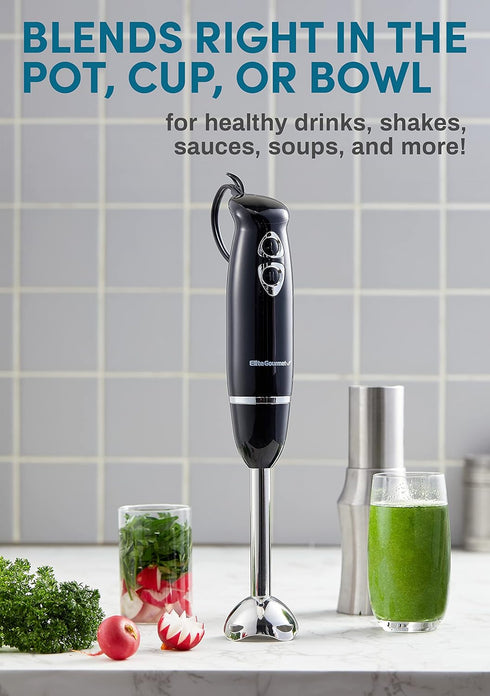 Elite Gourmet Immersion Hand Blender 500 Watts, 2 Speed Mixing, Stainless Steel Blades, Black