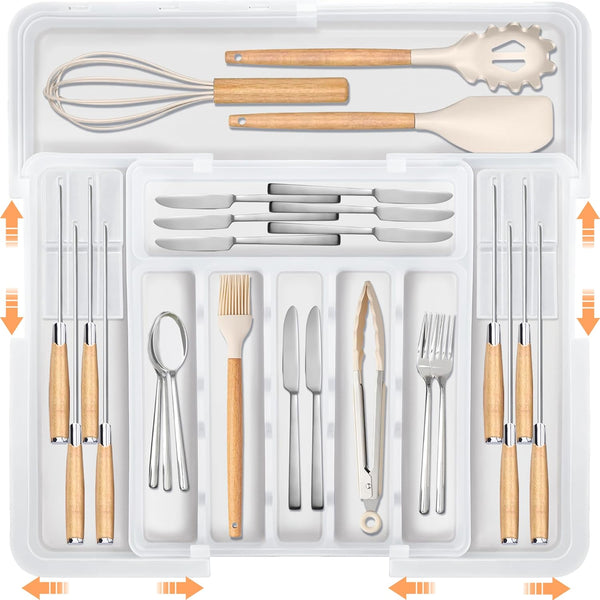 Homecor Silverware Organizer for Kitchen Drawers, Expandable Utensil Organizer & Knife Block, BPA Free Storage