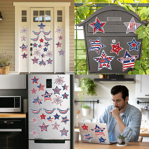 Whaline 24Pcs Patriotic Refrigerator Magnets, 4th of July Stars Fireworks Magnetic Stickers for Decor