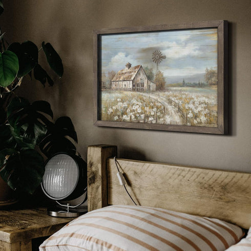 Barn Framed Wall Art Decor, Rustic Farmhouse Wooden Picture of Country Windmill Meadow Landscape Painting for Bedroom