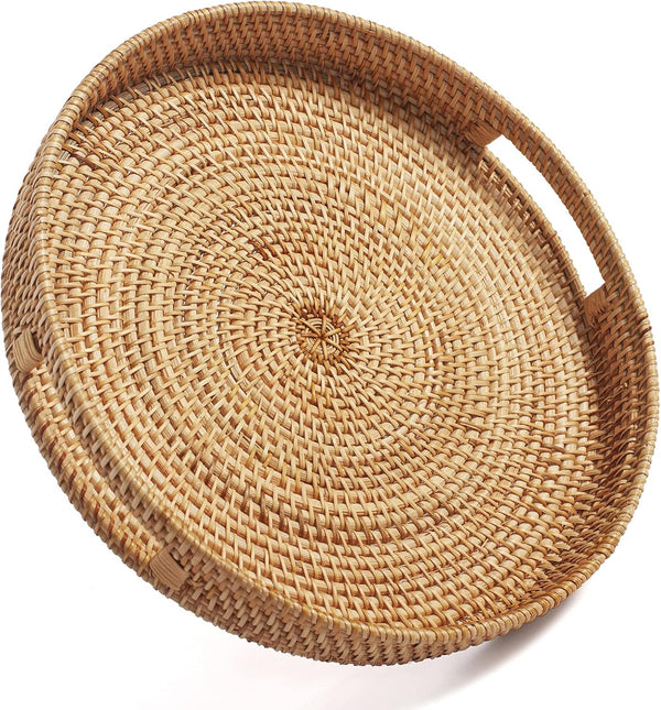 Coffee Table Tray Round Rattan Ottoman Tray Woven Serving Trays with Handles