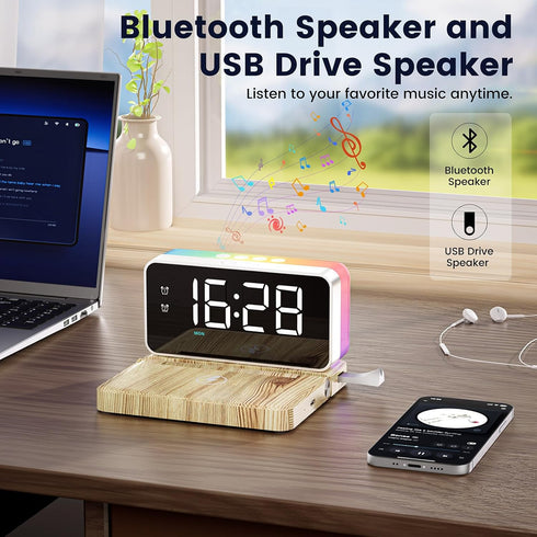 5 1 10W Bedroom Alarm Clock for Heavy Sleepers - in Magnetic Wireless Charger with White Noise Bluetooth Speaker RGB