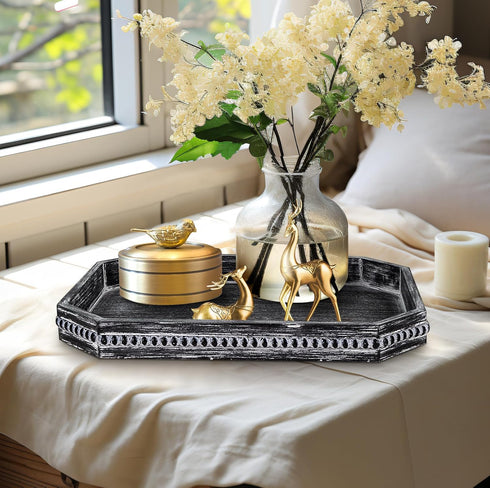 15.7" 10.2" 1.6" MAONAME Wood Serving Tray, Farmhouse Wooden Tray for Coffee Table, Octagonal Beaded Trays, Vintage