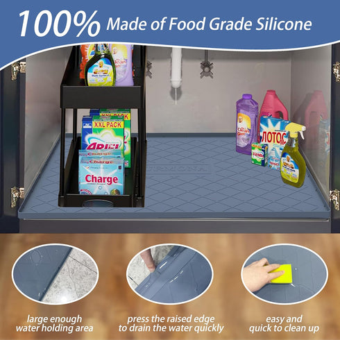 Under Sink Mat for Kitchen Waterproof, 34" x 22" Silicone Mat for Shelf Liner Organizer, Cabinet Sink Protector in Black