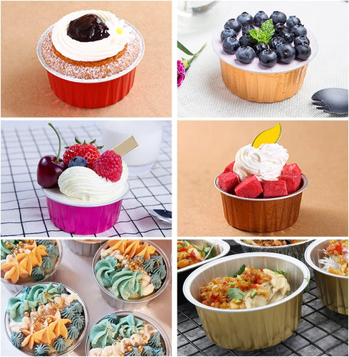 Jumbo 5oz Aluminum Foil Cupcake Liners with Lids - 50 Pack Disposable Ramekins for Mini Cake Baking