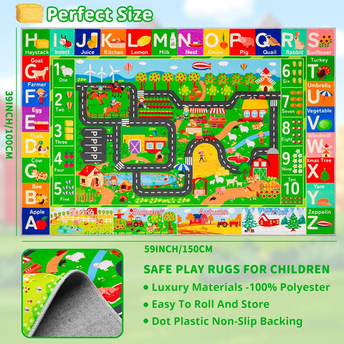DINSUMRUG 59"39.4" Tummy Kids Rugs for Toy Cars Playroom ABC Farm Life Road Traffic Kids Car Road Rugs Village Map Play