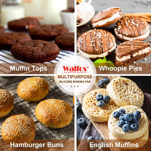 Walfos Silicone Muffin Top Pan Set, Non-Stick Whoopie Pie Baking Pans, Food Grade, Set of 2, Dishwasher Safe