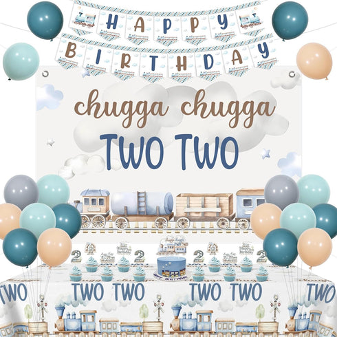 Train 2nd Birthday Decoration Boy, Chugga Chugga Two Two Decorations Backdrop Banner