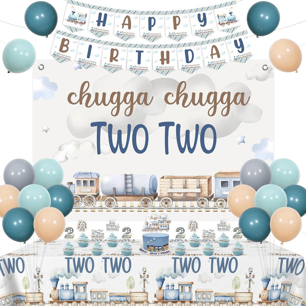 Train 2nd Birthday Decoration Boy, Chugga Chugga Two Two Decorations Backdrop Banner