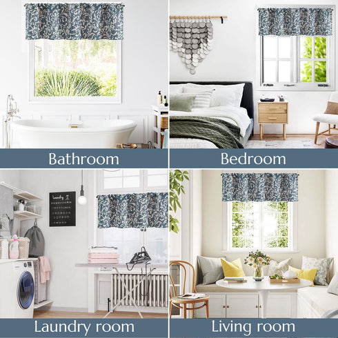 jinchan Floral Valance Curtain for Kitchen, Living Room, Vintage Flower Blue Valance, Room Darkening Window Treatment,