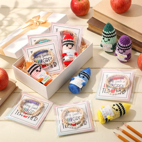 6 Set Teacher Appreciation Gifts Crayon Crochet Dolls with Thank You Teacher Bracelet Presents for Graduation End