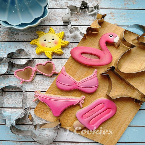 LILIAO Summer Beach Cookie Cutter Set - 6 Piece - Stainless Steel Sun, Flamingo Float, Popsicle, Heart Sunglasses,