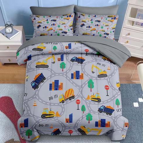 5 Set Set Nesker Pcs Comforter Twin Size, Construction Vehicles Car Bedding for Kids Teen, Town Tree Truck Bedding