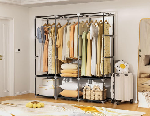 Portable Wardrobe Closet for Hanging Clothes, Free Standing Rack with Cover, 3 Hanging Rods, 6 Storage Shelves, 2 Side