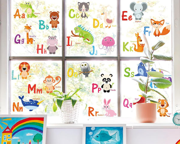 Whaline 9 Sheet Cartoon Animals Alphabet Letters Window Clings | Double-Sided Colorful Letter Words Decor