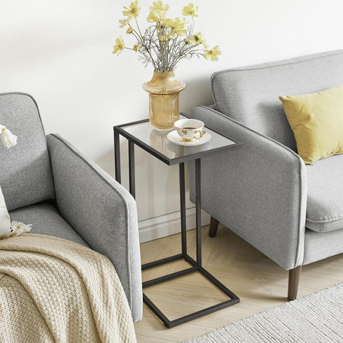 UHGD001B YMYNY C-Shaped End Table, Tempered Glass Sofa Side Table, TV Tray CouchTable That Slide Under for Small Space