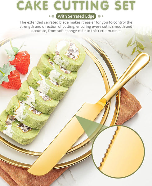 2-Piece Premium Cake Cutting Set, Exquisite Knife and Server with Serrated Design for Pastry and Desserts (Gold)