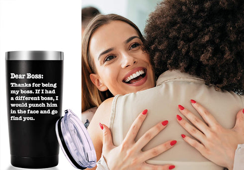 AMZUShome Thanks For Being My Boss Travel Mug - Boss Day Gifts, Office Gifts, 20oz Black Tumbler