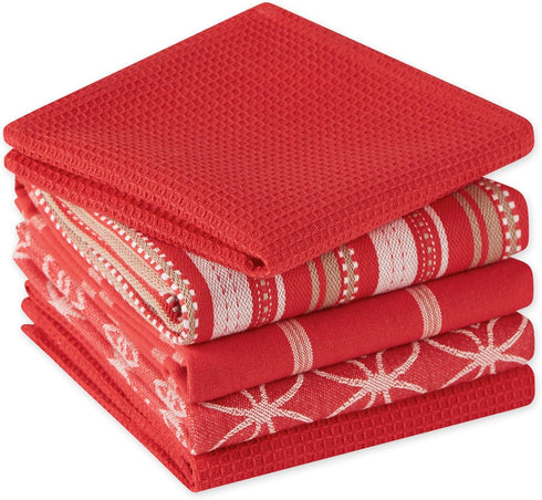 DII Assorted Woven Kitchen Set, 5 Piece, Red, Dishtowel 18x28, Dishcloth 13x13