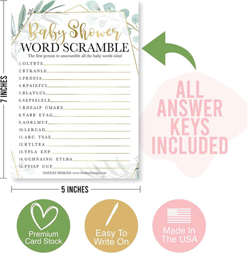 Hadley Designs Baby Shower Games Set, 25 Double-Sided Cards for 25 Guests, Word Scramble & True or False (Greenery)