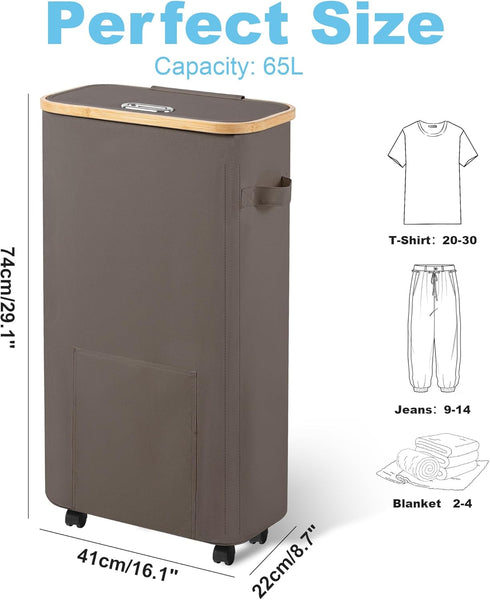 Vincona Laundry Basket with Wheels, Tall Dirty Clothes Hamper on Wheels, Rolling Laundry Hamper with lid for Dorm