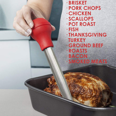 Stainless Steel Turkey Baster with Cleaning Brush - Food Grade Syringe Baster for Cooking & Basting with Needles