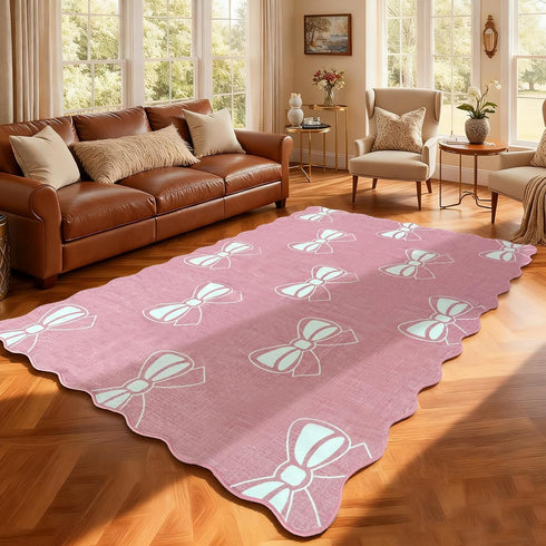 Rug,4x6 Pink Bow Area Solid Color Aesthetic Carpets for Living Room Nursery Dorm Playroom,Machine Washable Wavy Non