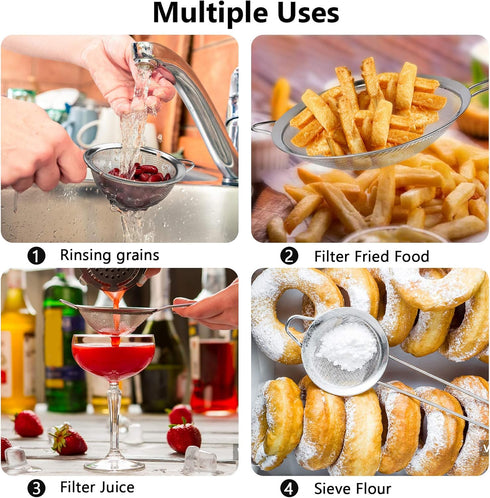 3Pcs Extra Fine Mesh Strainer Set with Handle - Small, Medium, Large Stainless Steel Sieve for Kitchen Baking
