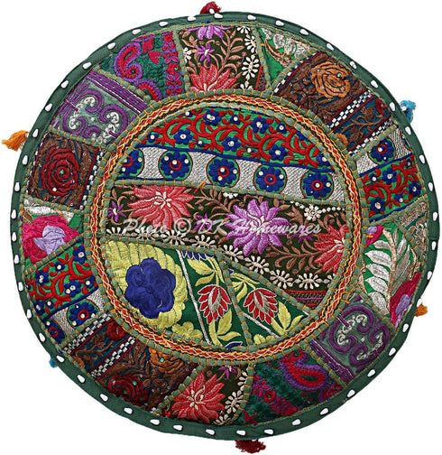 DK Homewares 22x22x14 Indian Vintage Patchwork Pouffe Floor Cushion Dark Green Round Foot Rest Living Room Cotton