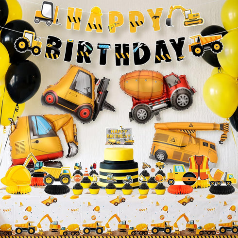 Set 4 Construction Birthday Party Supplies for Boy Birthday Decorations with Foil Truck Balloons Happy Birthday Banner