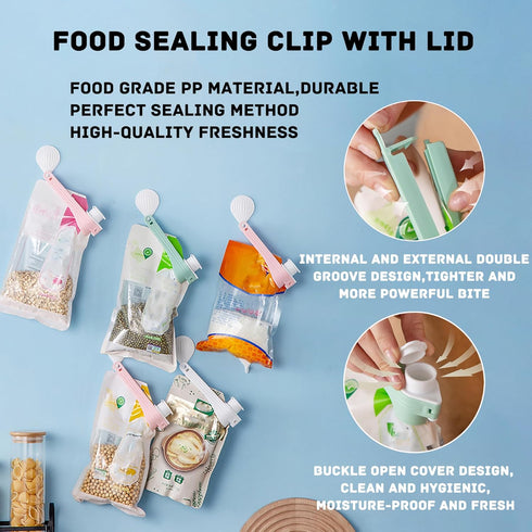 4pcs Bag Spout Clip,for Food,Snack Sealing Clips with Pour Spouts,Kitchen Chip Bag with Adhesive Hooks, for Cereal