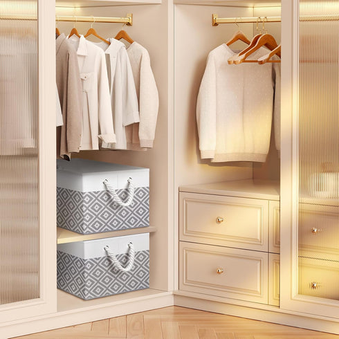 Storage Bins, 2-Pack Large Collapsible Storage Box with Rope Handles for Organizing Books and Clothes (White & Grey)